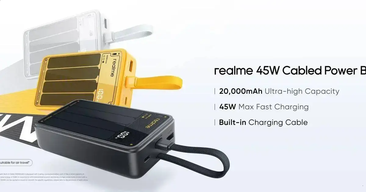 Power Bank Realme TechLife: Carregador de 20.000mAh com Cabo Integrado 1 Power Bank Realme TechLife: Carregador de 20.000mAh com Cabo Integrado