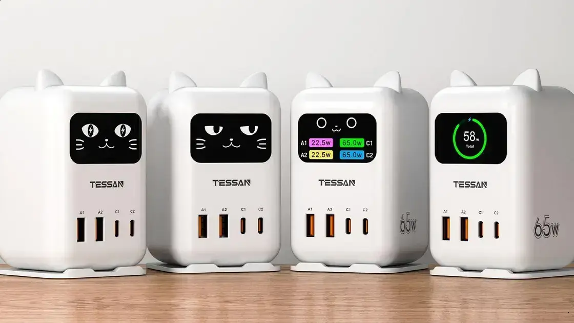 Tessan lança carregador CS07 65W com carinha de gato animada e 4 portas USB