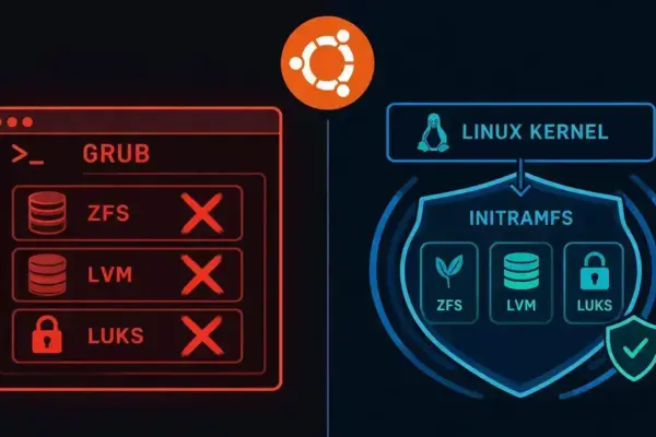 GRUB do Ubuntu 26.10 pode eliminar suporte a ZFS, LVM e LUKS para aumentar segurança