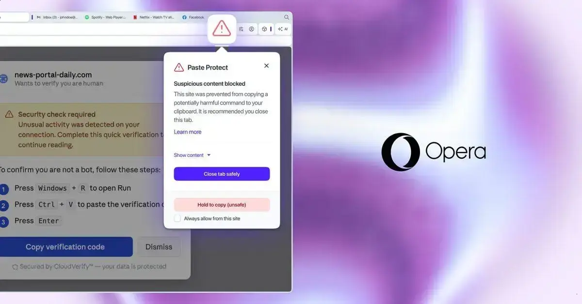 Opera lança Paste Protect para bloquear comandos suspeitos no navegador