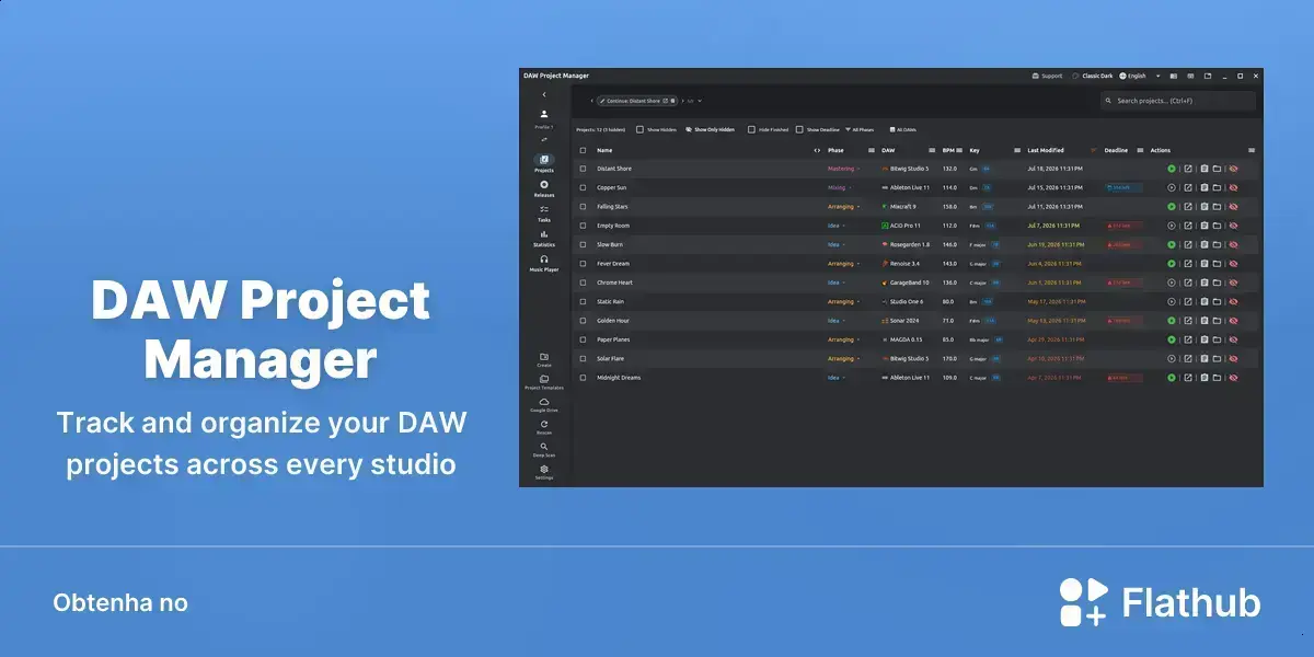 DAW Project Manager chega ao Flathub para organizar projetos de áudio