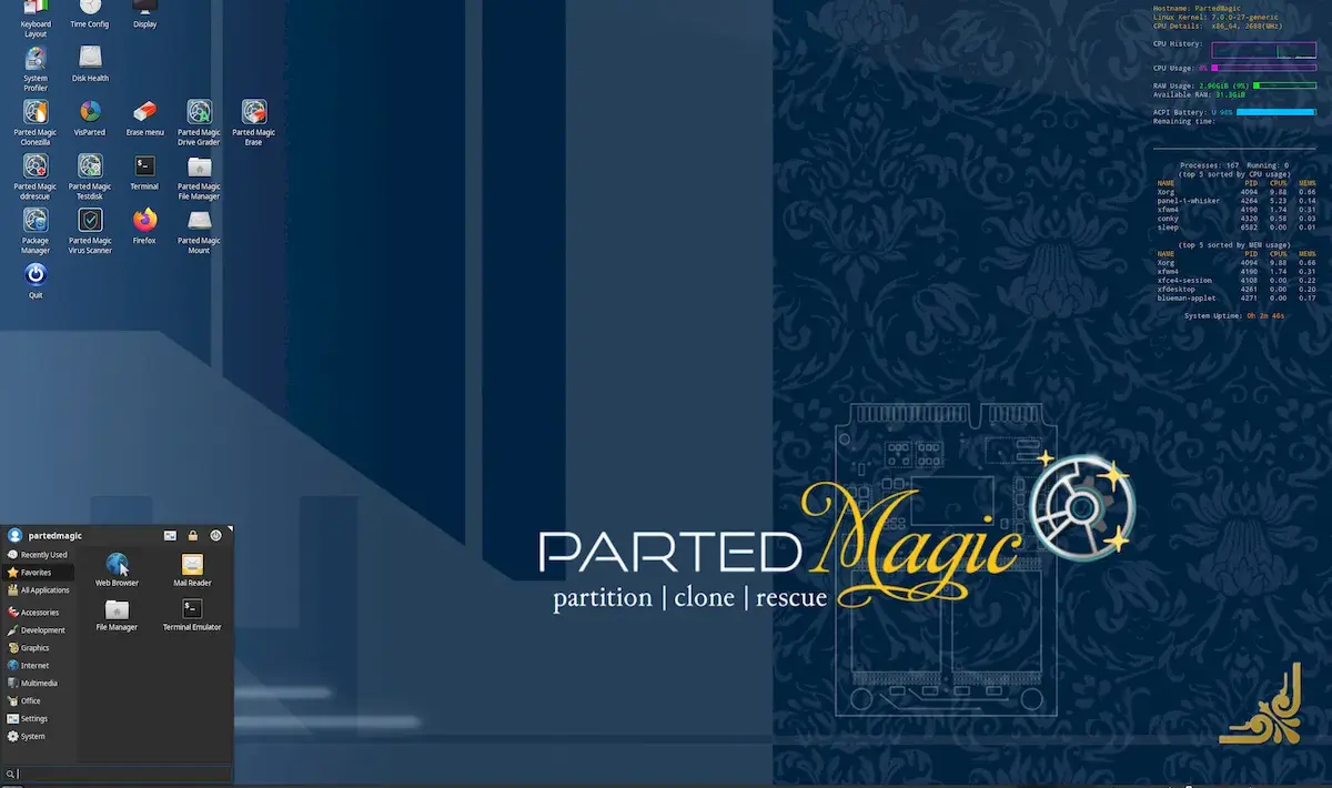 Parted Magic 26.09 traz clonagem nova e salto para Slackware