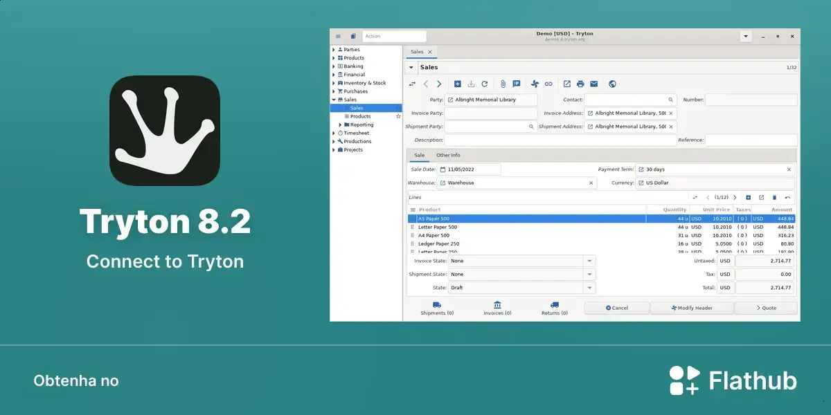 Tryton 8.2 chega ao Linux no Flathub com foco em gestão empresarial